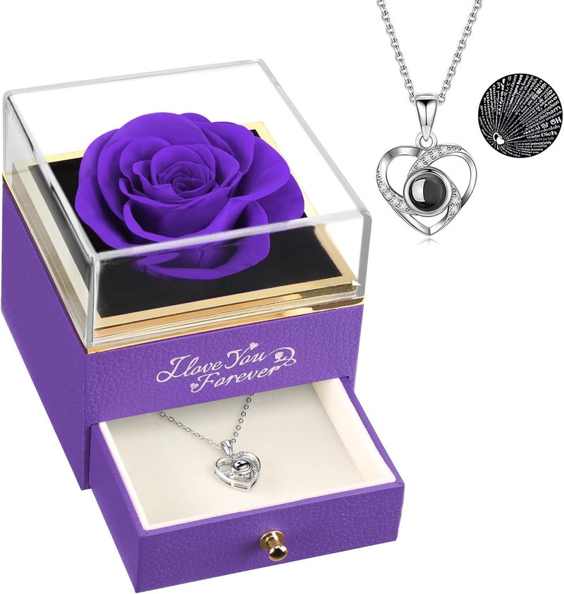 ASELFAD Preserved Flowers Real Purple Rose with I Love You Necklace - Eternal Rose Gifts for Her at Valentine's Day, Mother's Day, Christmas, Anniversary or Birthday - Image 2